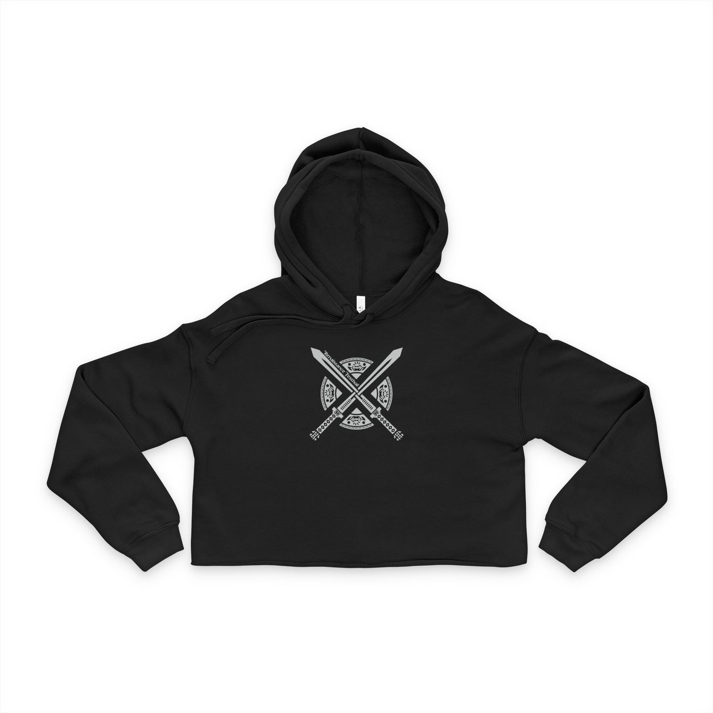Women's Cropped Hoodie with Crossed Swords Design.