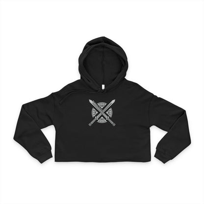 Women's Cropped Hoodie with Crossed Swords Design.